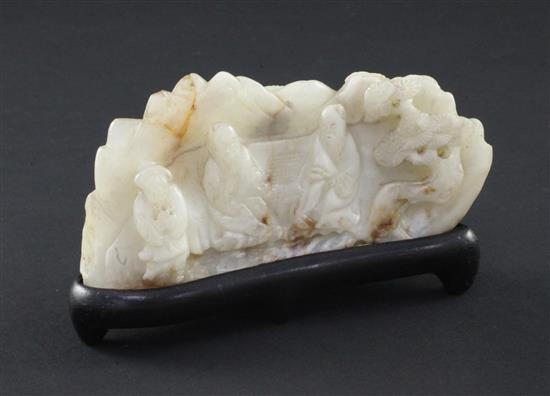 A Chinese white and russet bowenite jade mountain, 20th century, 11.5cm, wood stand